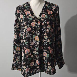 BANANA REPUBLIC black BLOUSE floral V-NECK long sleeve POLY
